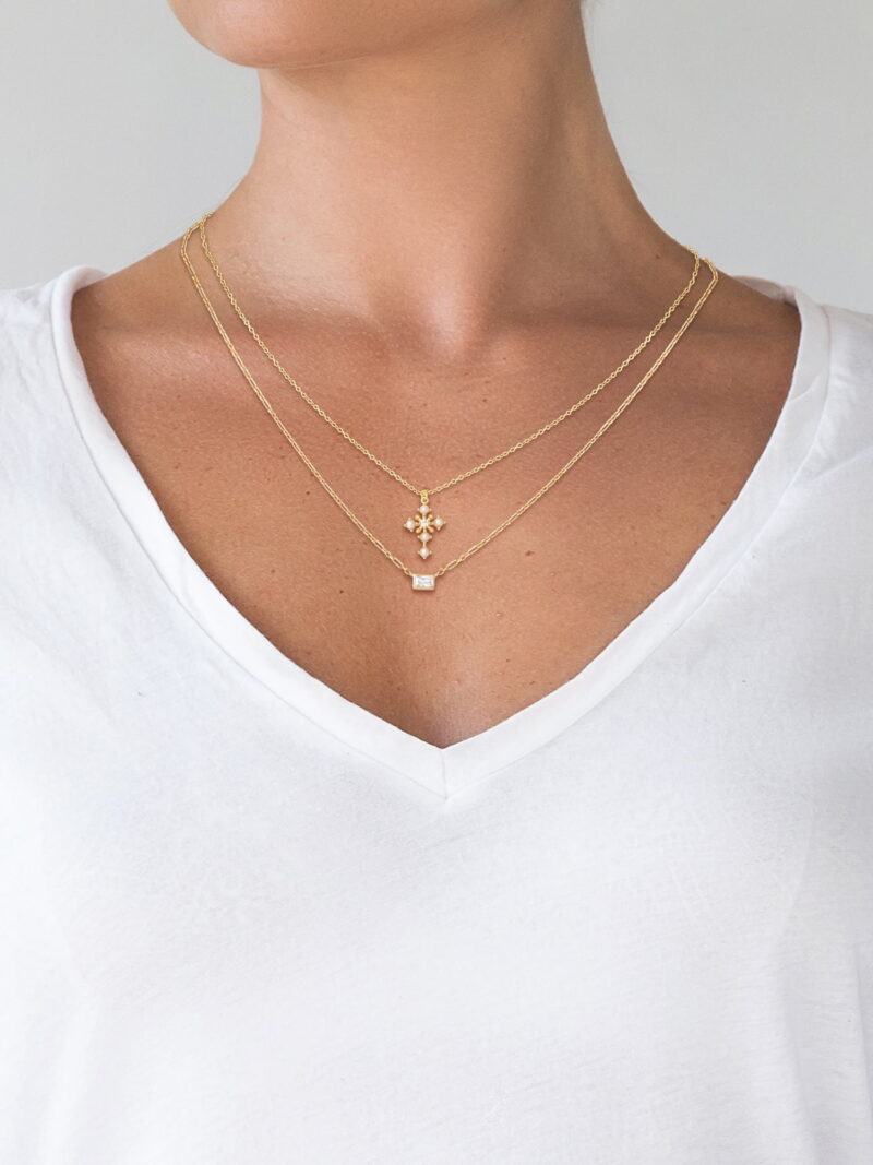 JS Jessica Simpson Gold Plated Sterling Silver CZ and Pearl Cross Layering Necklace Set - Image 3