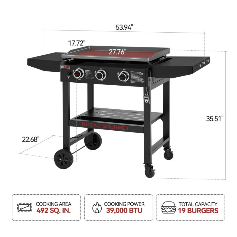 Royal Gourmet GB3000H 28-Inch 3-Burner Gas Griddle in Black, Griddle with Collapsible Side Shelves, 39,000 BTU - Image 3