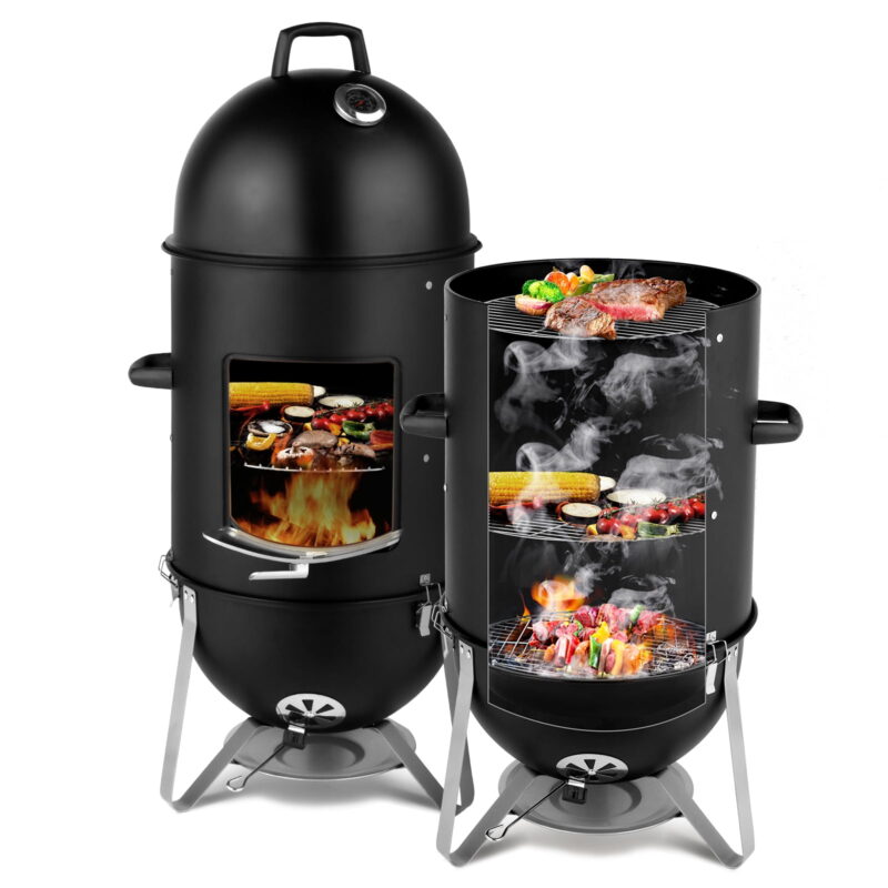 Vertical Steel Charcoal Smoker, Heavy Duty Three Layer Round BBQ Grill Smokey Mountain Cooker for Outdoor Cooking, Black - Image 2