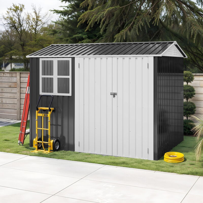 Uforic 8x6ft Outdoor Storage Shed with Windows & Secure Lockable Doors and Sloped Roof Large Steel Shed for Patio, Garage, Lawn - Image 5